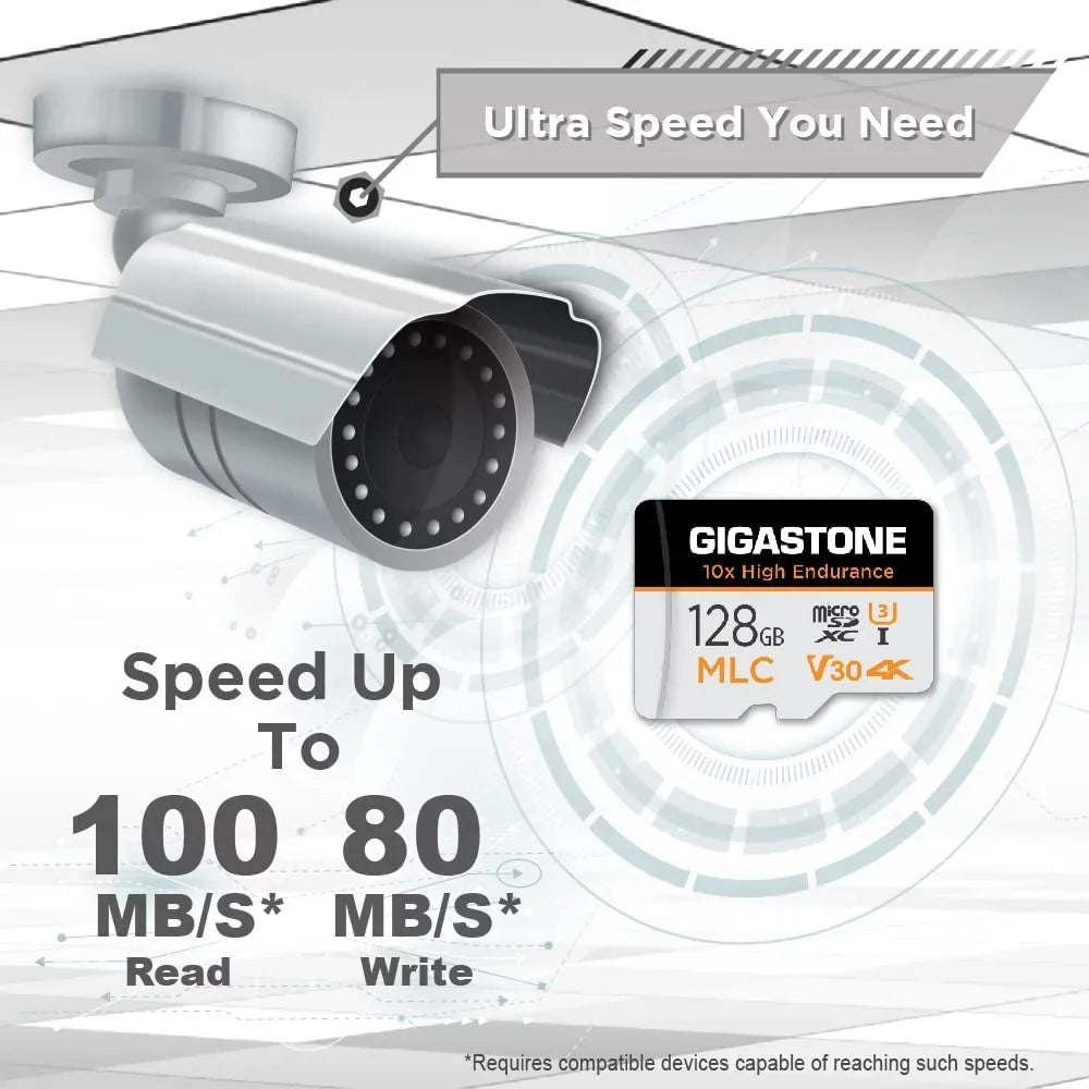 Endurance] Cam, Card, Compatible SD Gigastone Adapter High Dash Recording, Surveillance 2-Pack MLC C10, Video Cam, 128GB 4K with U3 Security [10x 100MB/s, Micro
