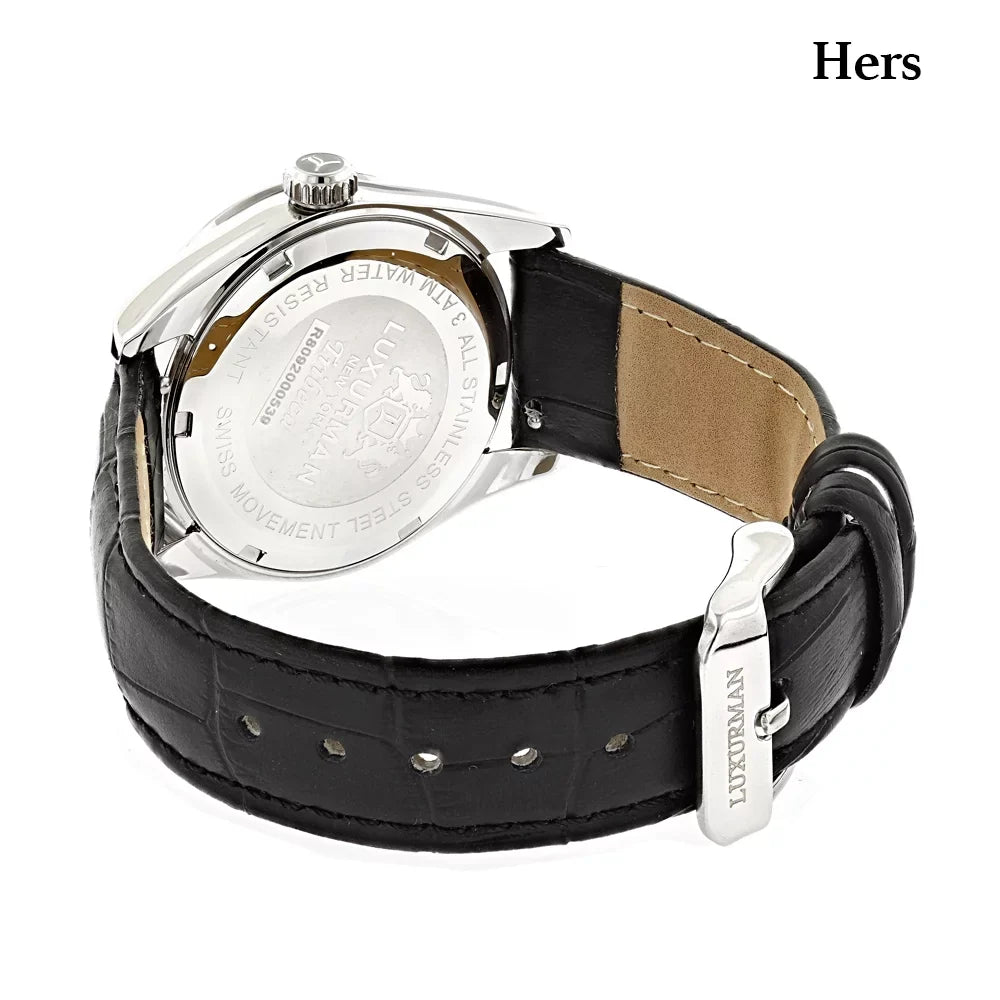 Mvt Hers Matching w Watches MOP Swiss Diamond Black and Real His Leather White Band