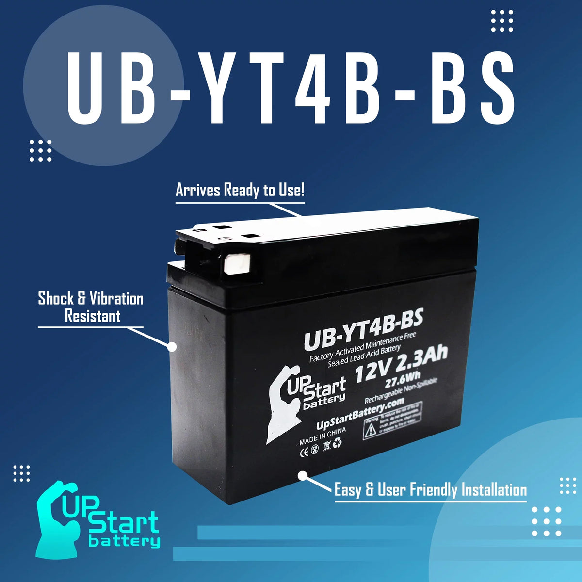 12V, Replacement 2001 2.3Ah, UpStart 5-Pack Free, - UB-YT4B-BS SR400 Factory Motorcycle Battery Battery 400CC Yamaha Maintenance for Activated,