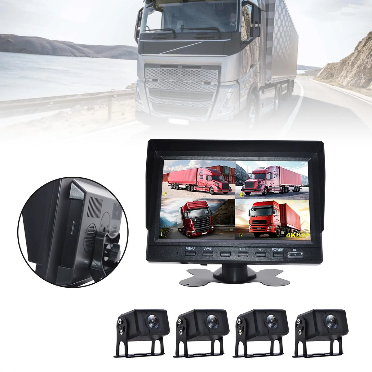 Recorder Video View for RV 7" Backup Truck B Bus+4 Camera Driving DVR Monitor Rear