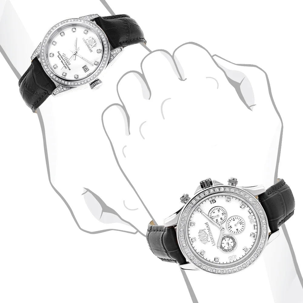 Mvt Hers Matching w Watches MOP Swiss Diamond Black and Real His Leather White Band