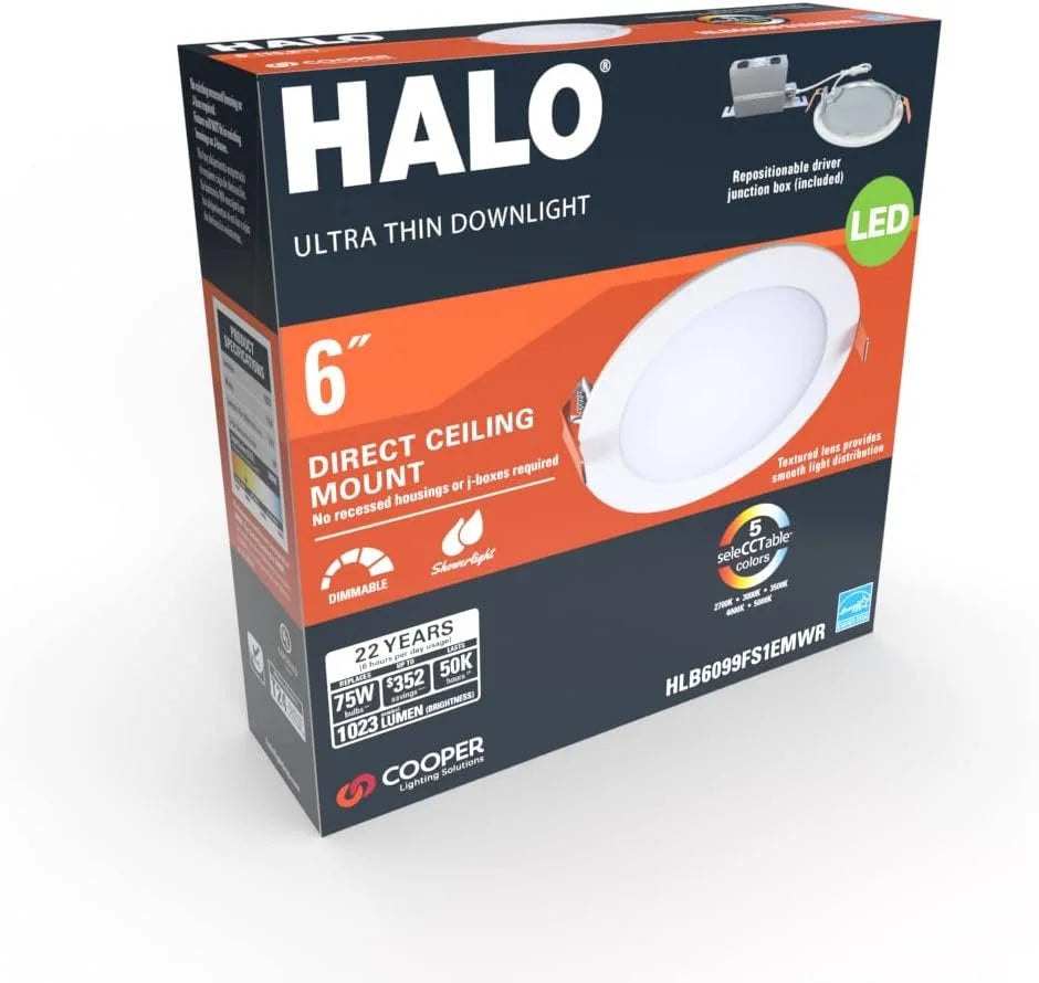 Thin - HALO inch 6 Light Ceiling - Pack LED Shower Downlight White 6 Disc CCT Selectable & 5 Ultra Recessed Canless