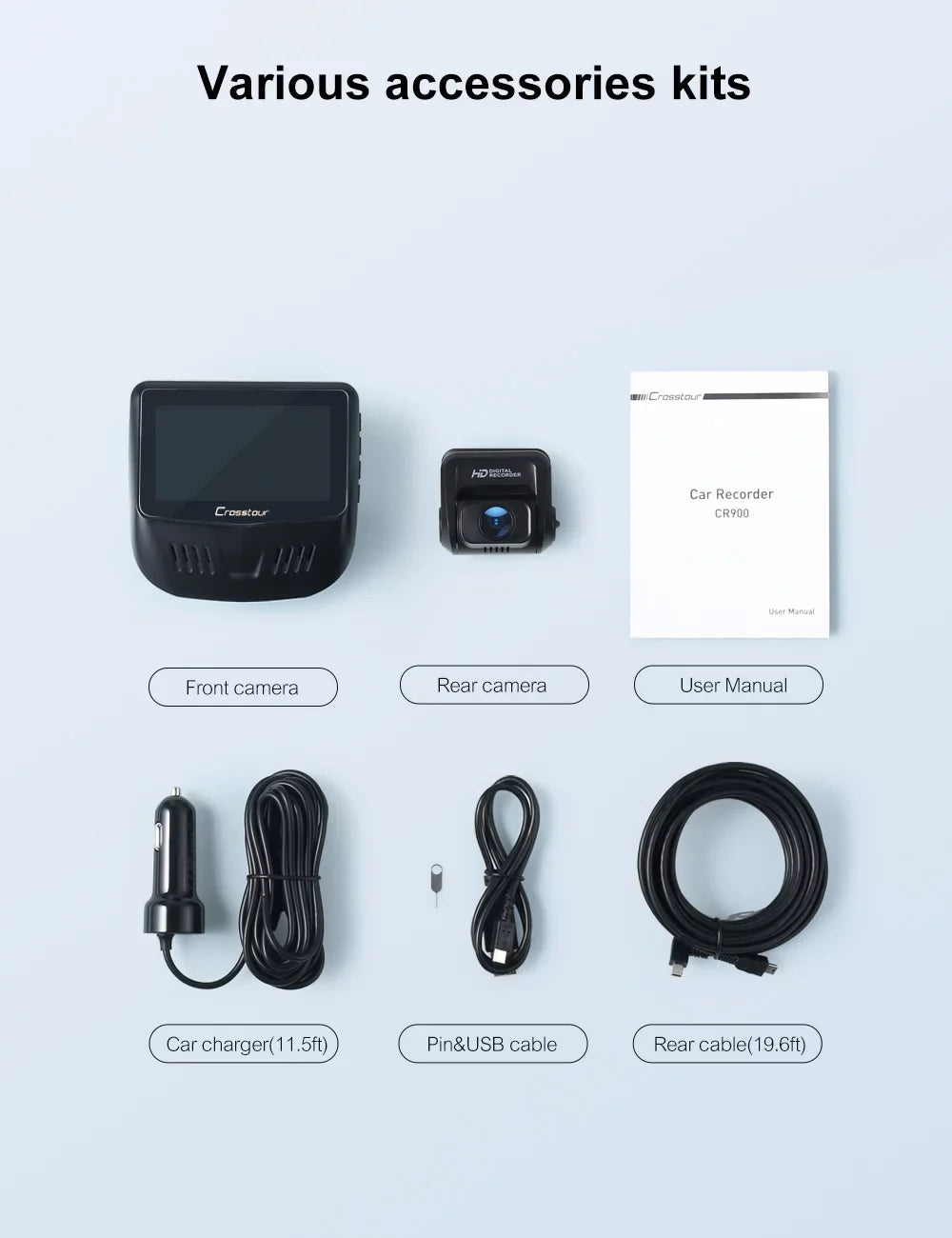 Angle, 3 128GB Crosstour Front with G-Sensor, for with Support Recording, Wide Parking Mode Vision, Camera Screen, 170° Loop Rear,1080P Recorder WDR, Cam and Night IPS Dash Cars Inch Dash