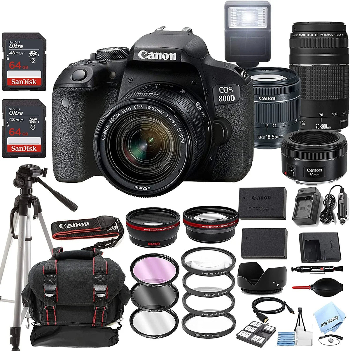 800D EOS 75-300mm 18-55mm + F/4-5.6 + Lens Tripod Camera Rebel 50mm Memory Zoom STM Lens + is f/1.8 + 40pc Canon Bundle Filters EF STM Lens 128GB T7i DSLR + Case + w/EF-S III F/4-5.6