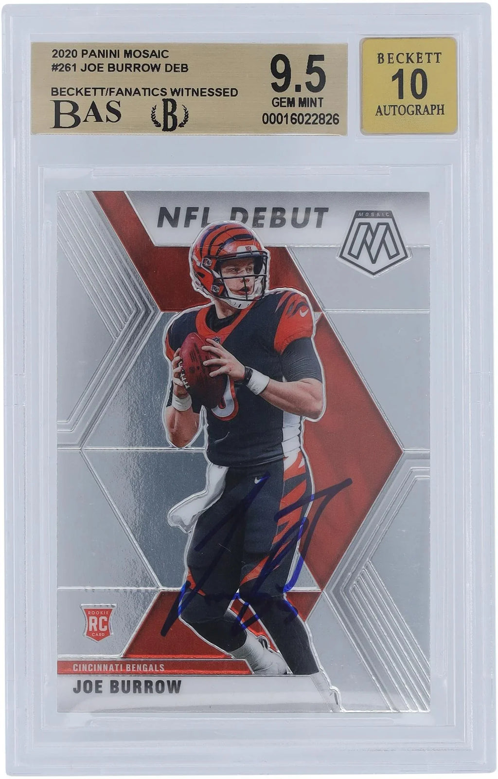9.5/10 Rookie Cincinnati #261 - Witnessed Certified Subgrades Autographed Burrow 9,9.5,9.5,9.5 Fanatics Mosaic Joe Fanatics Authentic Authenticated Panini - 2020 Card Beckett Bengals