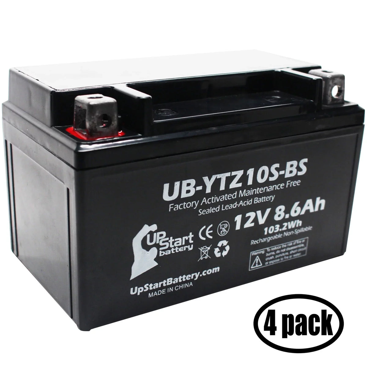 UpStart Battery Motorcycle 2011 Free, Battery Yamaha UB-YTZ10S-BS Factory 1000CC - 12V, 4-Pack 8.6Ah, Maintenance Activated, YZF-R1 for Replacement
