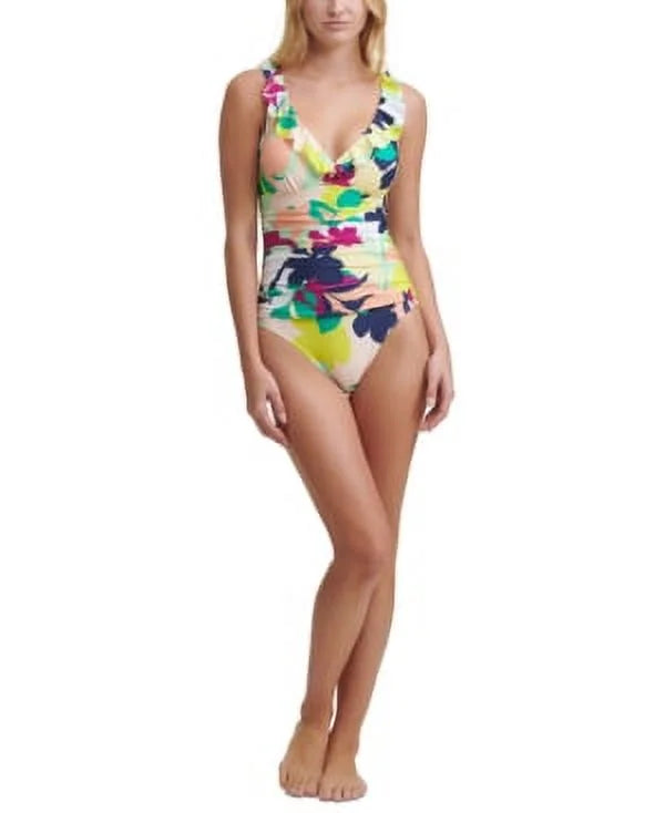 Printed Ruffled DKNY US Piece 6 NAVY MULTI One Swimsuit,