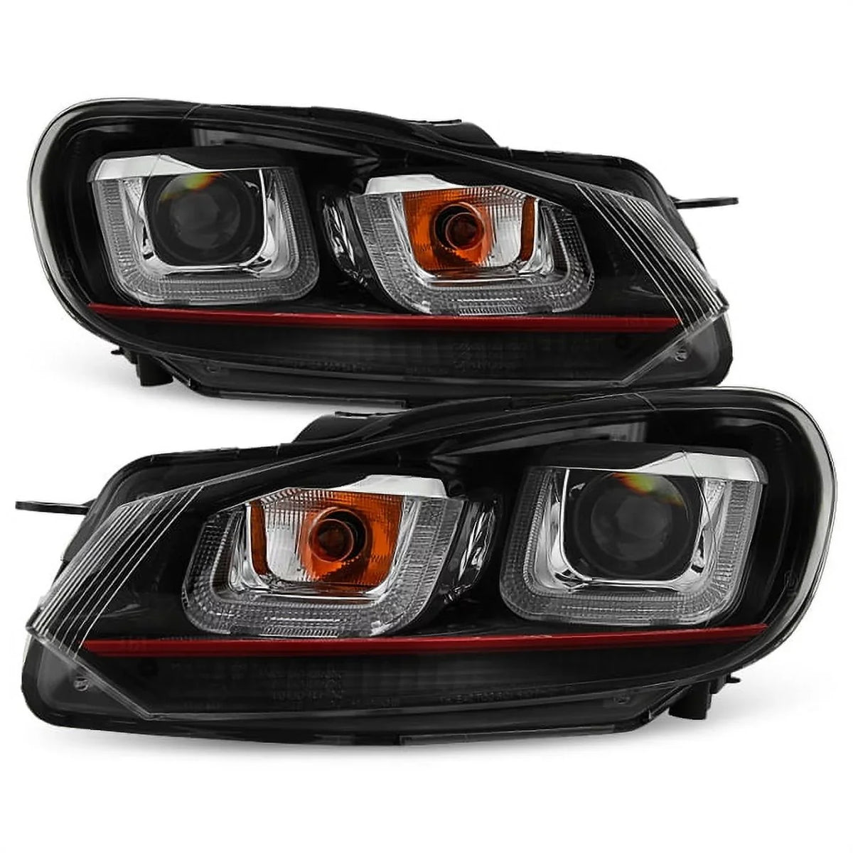 Black [Red AKKON Projector VW Pair Headlight 10-14 Stripe U-Halo] Dual GTI For Bazel - GOLF LED Tube