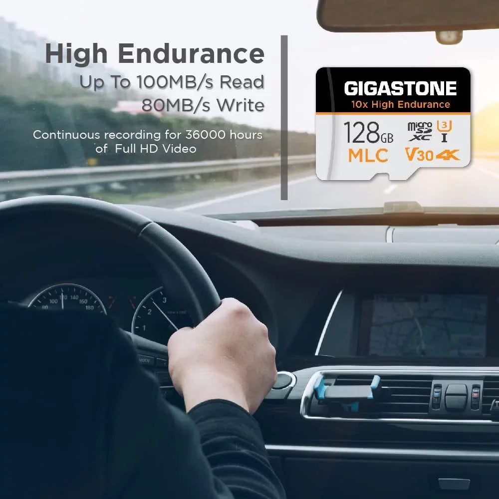 Endurance] Cam, Card, Compatible SD Gigastone Adapter High Dash Recording, Surveillance 2-Pack MLC C10, Video Cam, 128GB 4K with U3 Security [10x 100MB/s, Micro