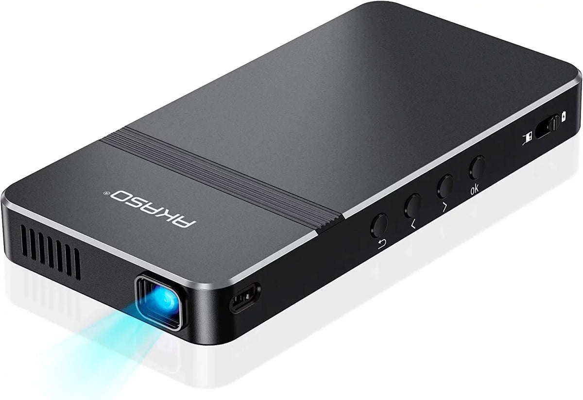 Projector, Built-in AKASO Projector, Portable Support Control Projector Rechargeable Speakers Pocket-Sized HDMI Stereo Cookie DLP Battery WiFI and Mini Projector, 1080P Movie Remote