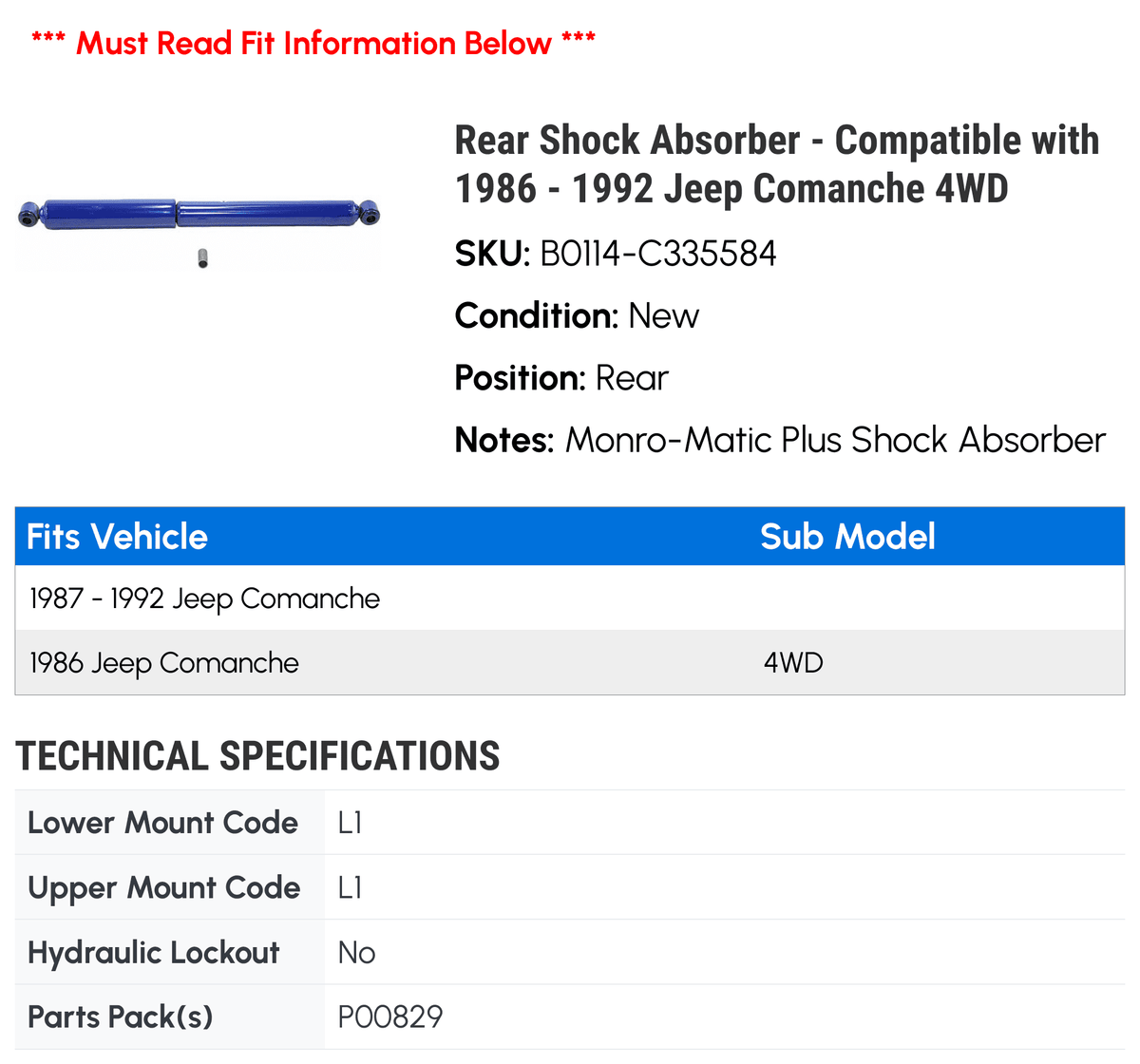 1992 1990 Comanche 1987 1988 - with Shock 1989 Jeep 1986 1991 - Rear 4WD Compatible Absorber