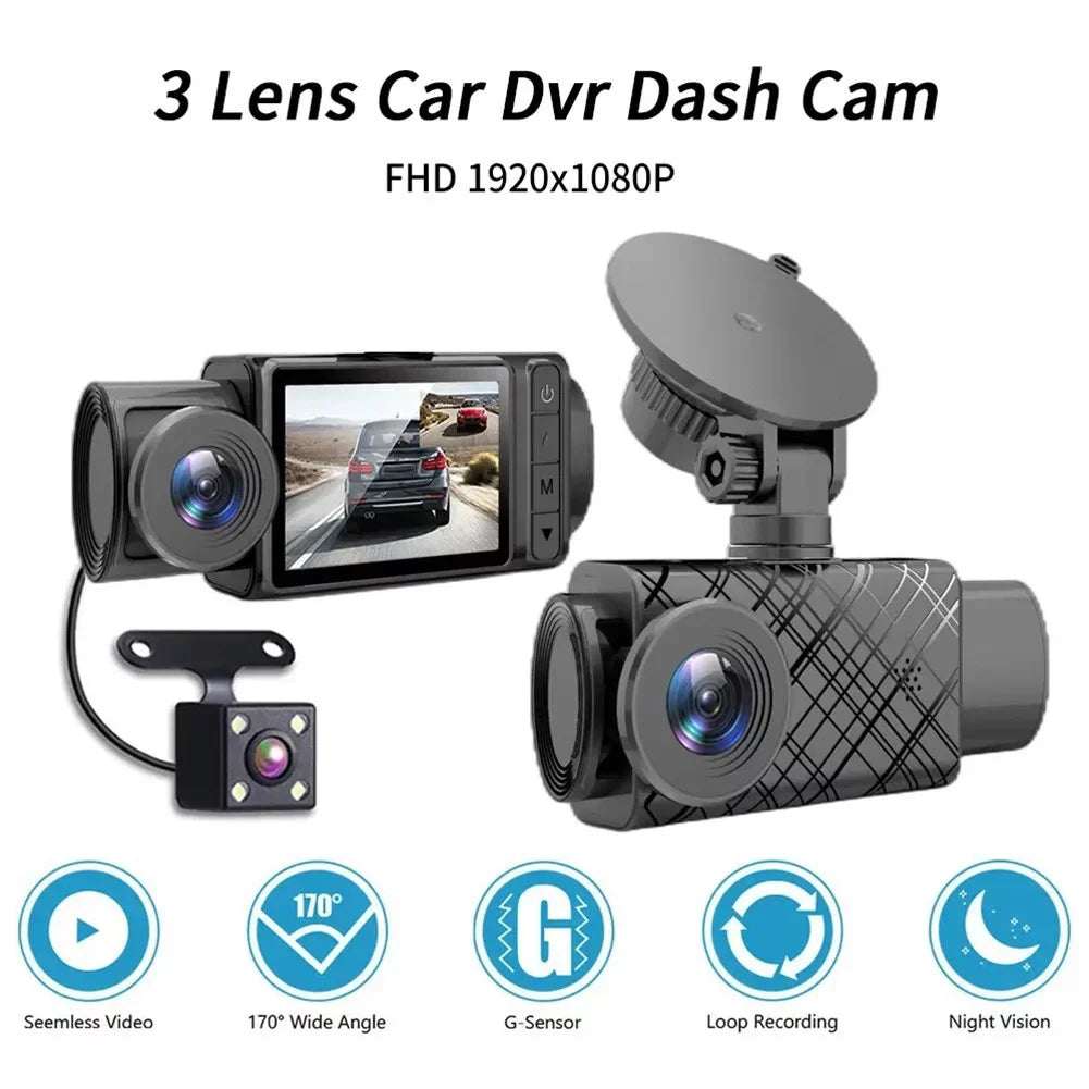 Cam Driving Video Front Camera Car HD Triple 2\\\" Dash DVR Recorder Lens Rear And
