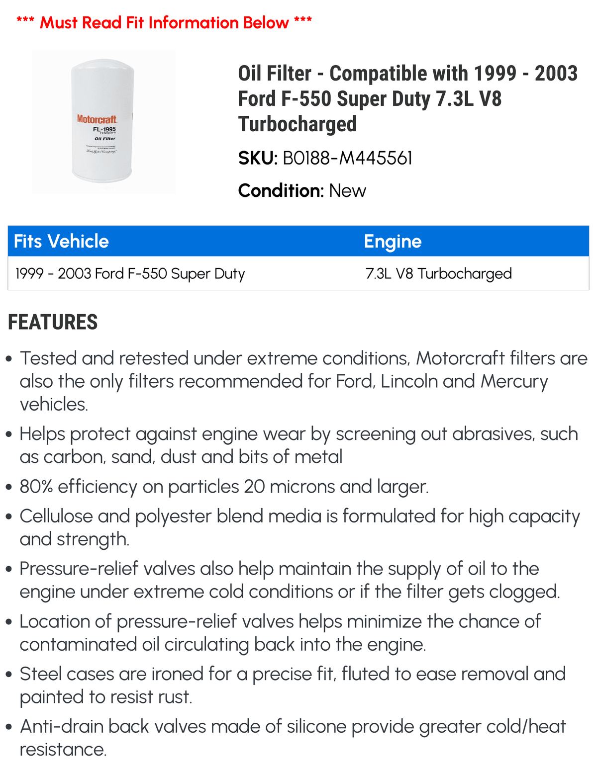 Oil Compatible - with Filter 2002 1999 F-550 V8 2001 7.3L - 2000 Super Duty 2003 Turbocharged