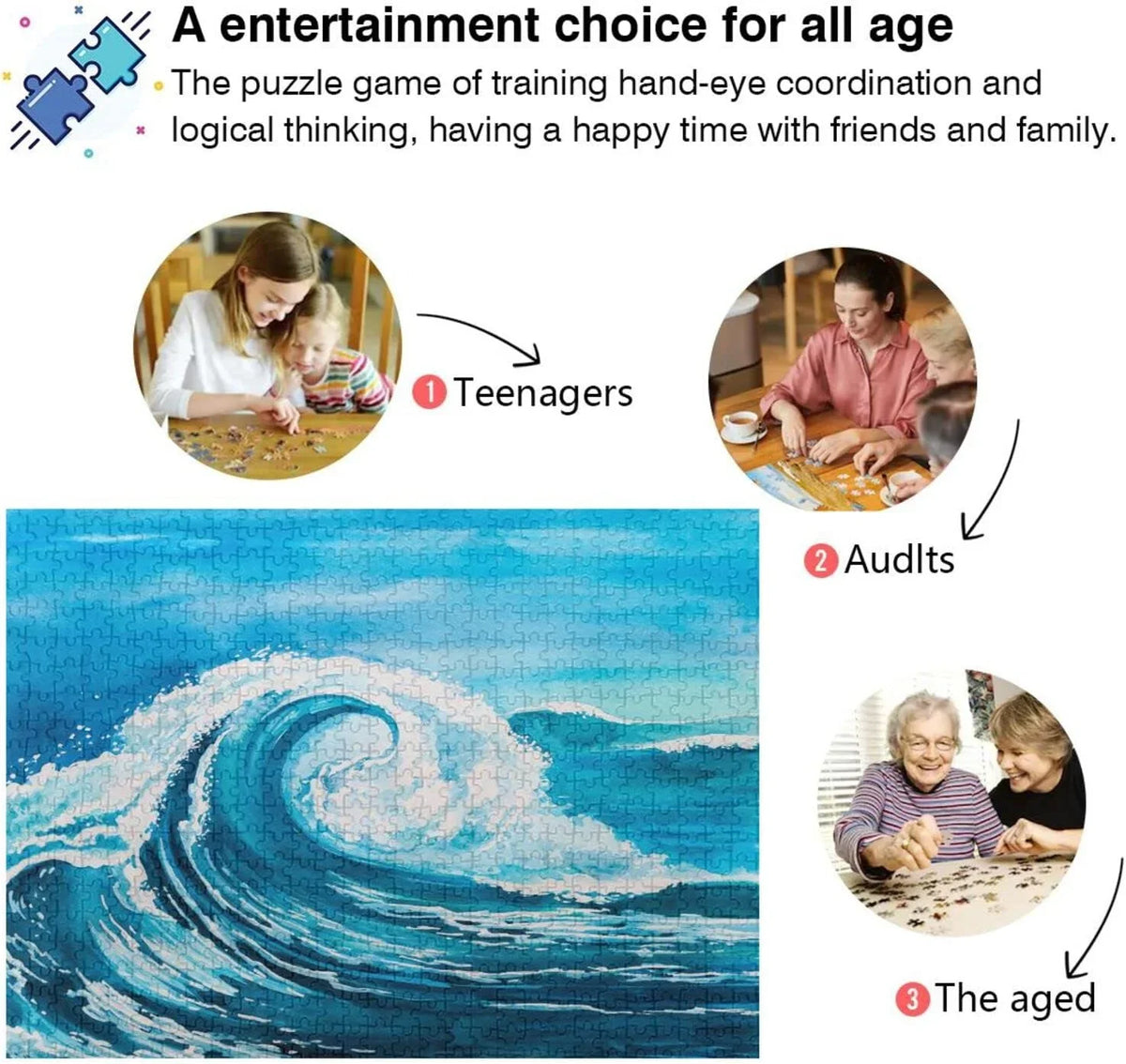 to Reduce Sea Colored Cooperation,for Waves Irregular 1000 SKYSONIC Time a on Printed Difficulty, Pcs and Adults a Puzzle of (5) with in Box, Letters Back of Kids(20.5x14.9In) Happy