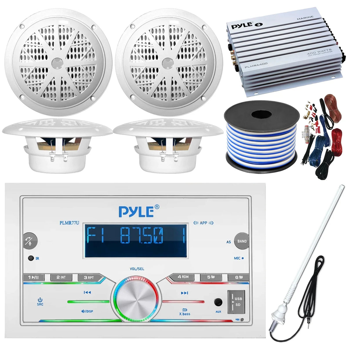 Gauge Radio Wire, Pontoon White Receiver, 4x Speaker Amp 21-29' 6.5'' Amplifier, Kit, Installation Bluetooth Bundle: Waterproof Double 18 Speakers, 50 Antenna DIN Pyle FT Marine Audio 4-Channel Boat