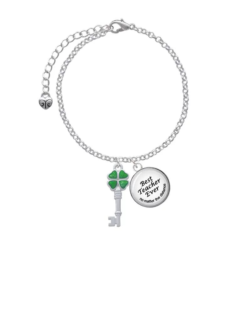 Charm Teacher Dome Delight Best Key Lucky Translucent Bracelet Jewelry Leaf Four Clover Silvertone Ever Green