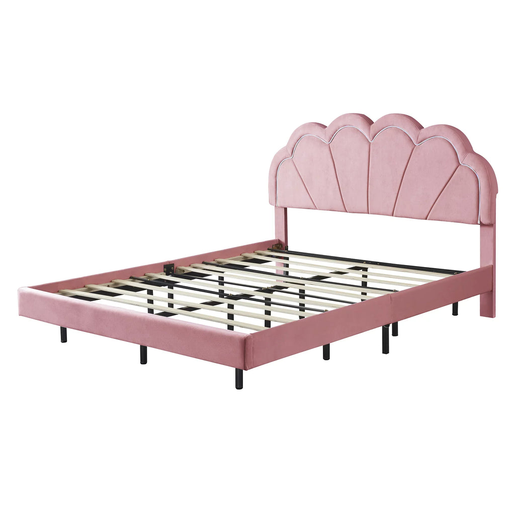 Wooden with Slats Velvet LED Queen Bed with Bed Upholstered Flowers LED Platform Smart CoSoTower Elegant Frame Headboard,Floating Support,Pink