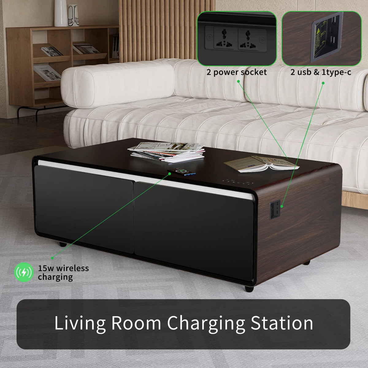 Atmosphere USB Touch Outlet with Speaker, Control Protection, Charging Fridge, Bluetooth Built-in Wireless Power light, Smart Interface, Socket, Panel, Brown Coffee Table Module, Modern