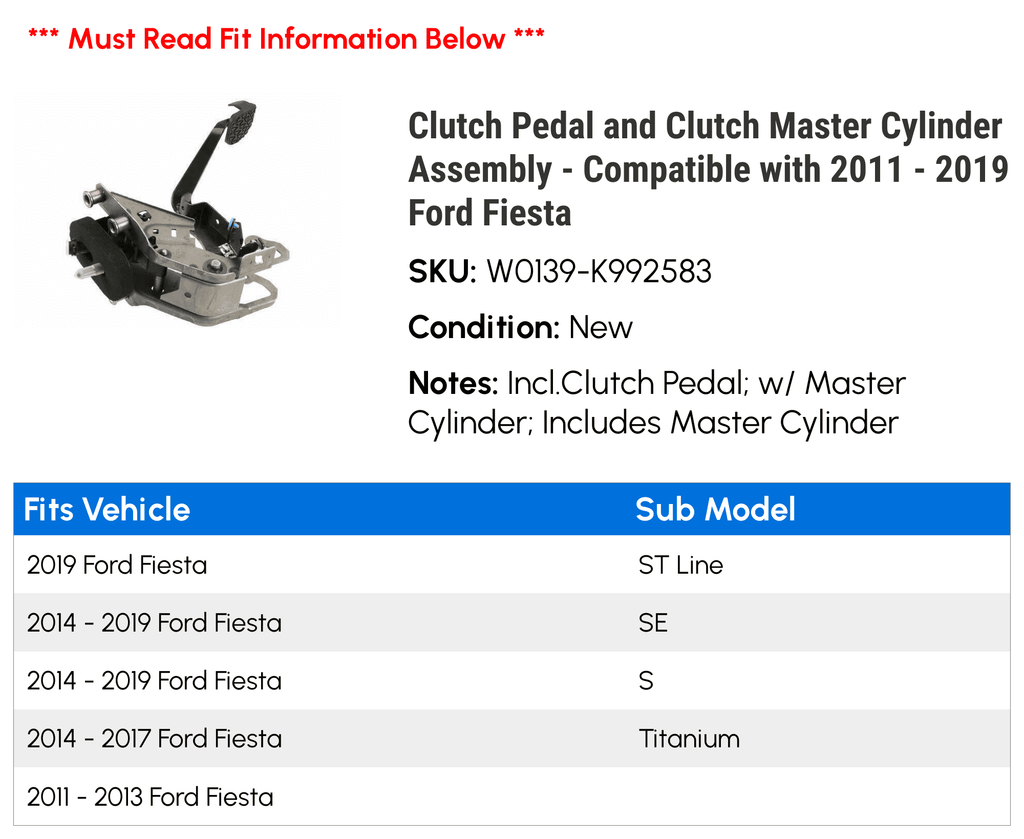 2011 Clutch 2013 2017 Fiesta Clutch 2019 2018 - Pedal 2016 and 2014 2015 with Master - Cylinder 2012 Compatible Assembly
