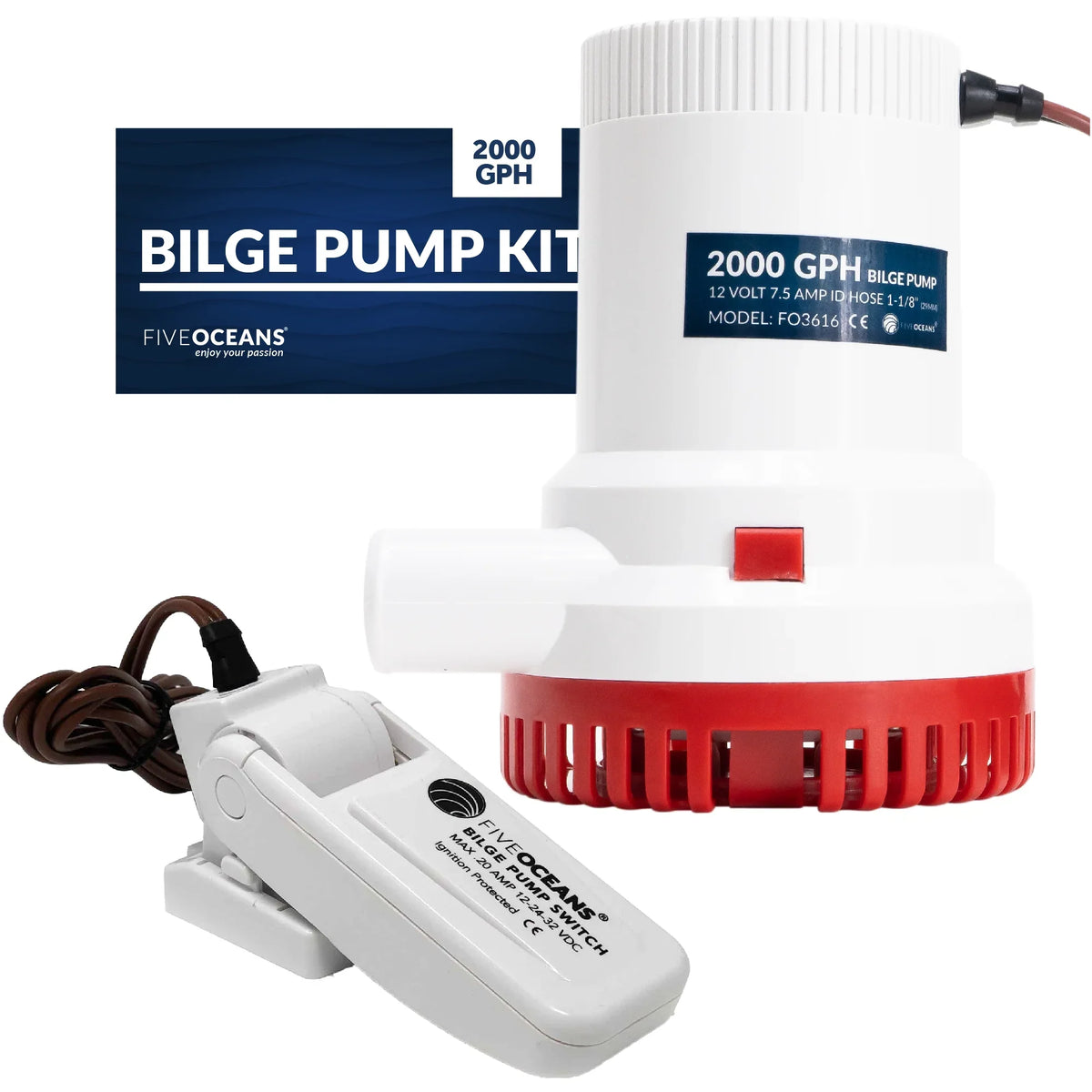 LPH GPH (29mm) Float Oceans Five 7571 Inside / Bilge - Kit, 12-Volts, 2000 Pump 1-1/8-Inch Diameter with Switch FO3616-C2 Automatic Hose, Heavy-Duty