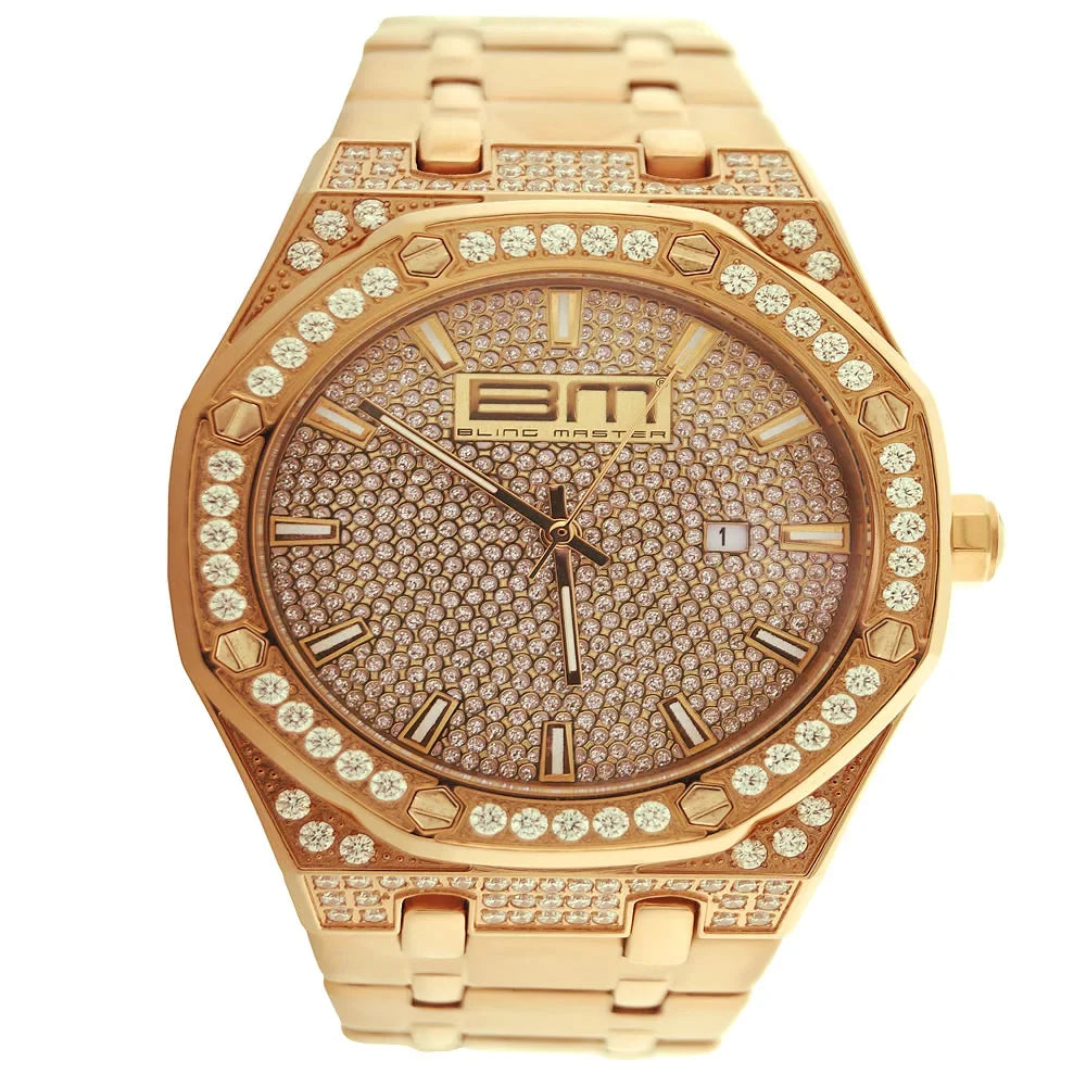 Diamond Custom Rose Watch Steel Stainless Analog Finish Dial Gold Mens 18K Master Bling Solid Simulated Classic