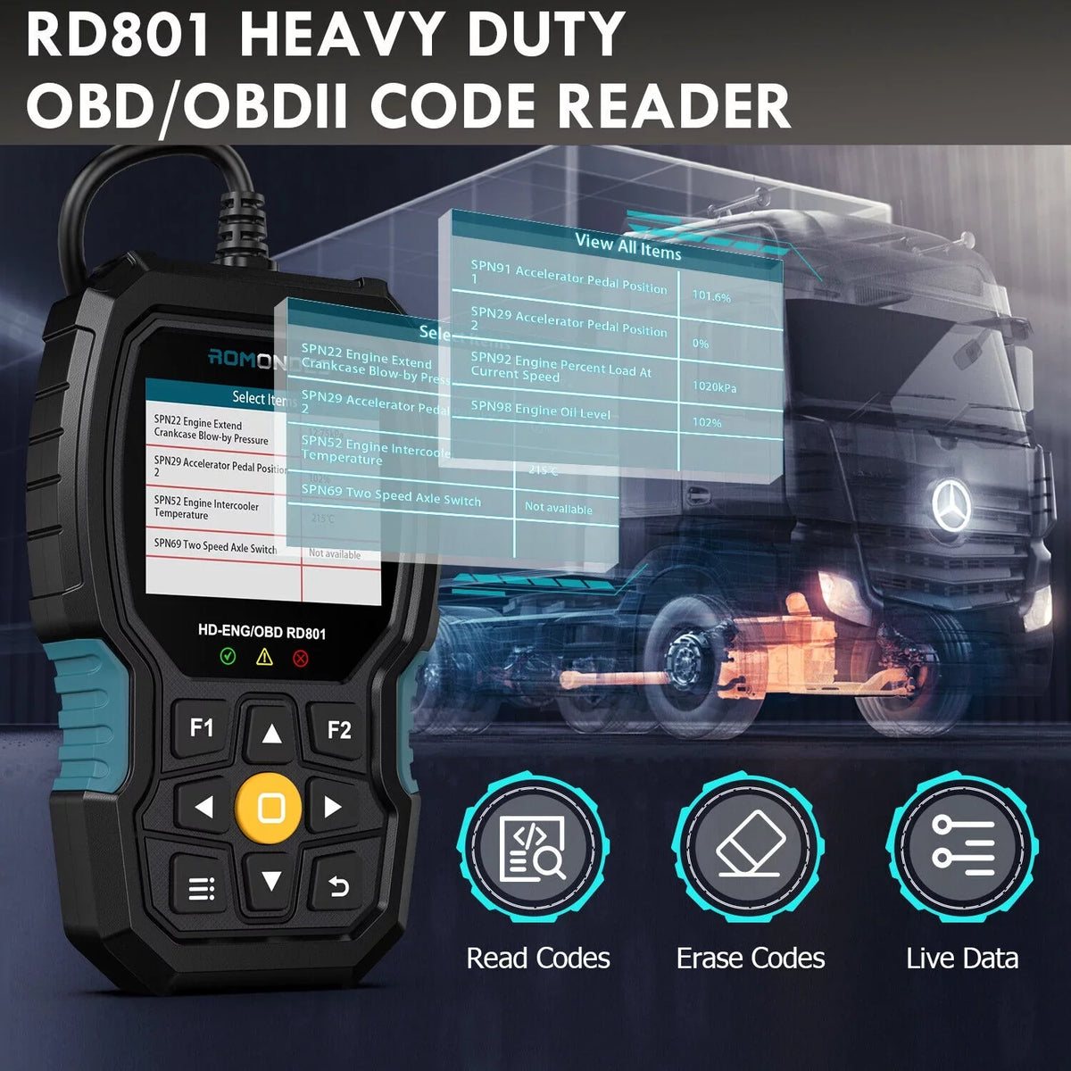 RD801 Truck Scanner Diagnostic Truck Romondes Heavy Code OBD2 Tool Reader Diesel Scanner Duty