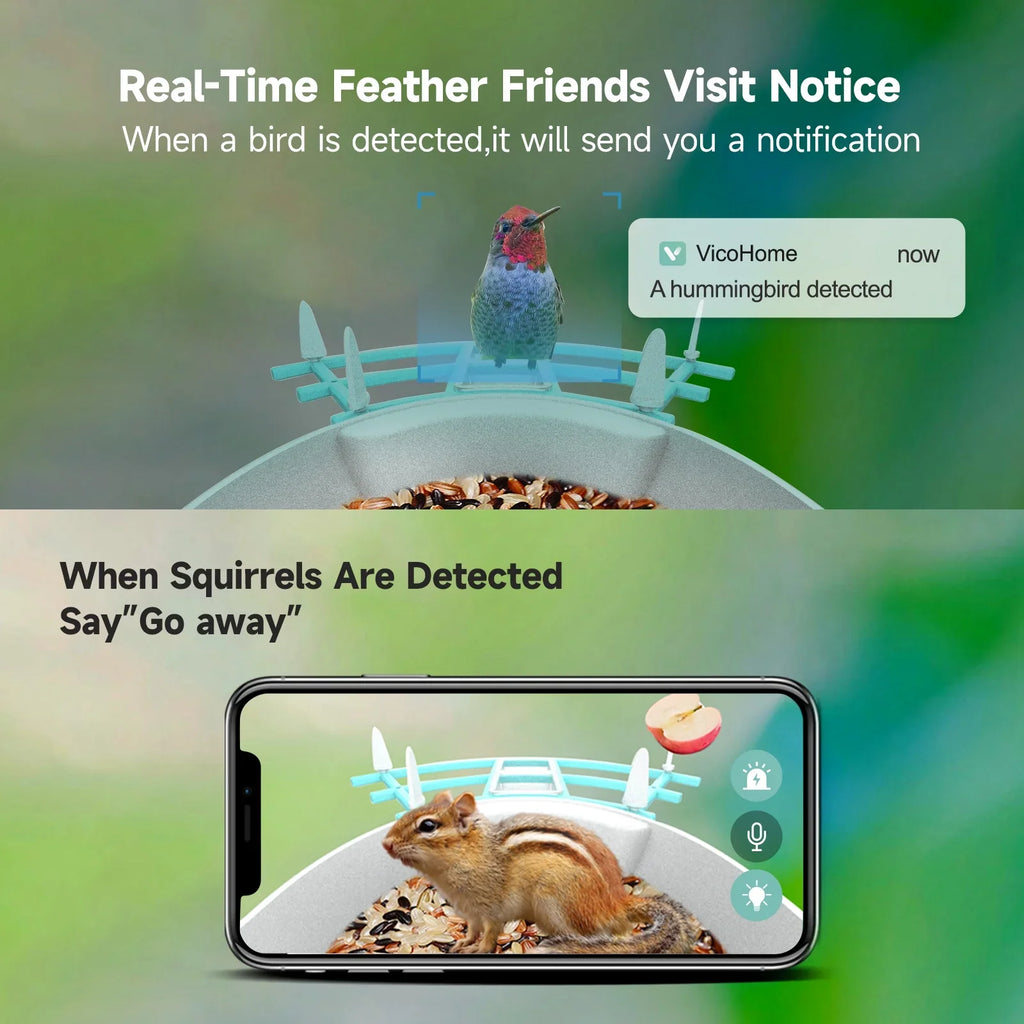 RUSUO Species WiFi Camera Proof Feeder Wireless PIR feeders Squirrel camera,Video Powered Vico 1080P Resolution Camera Wi-Fi Camera Solar Camera App AI 1080P Pristin Video
