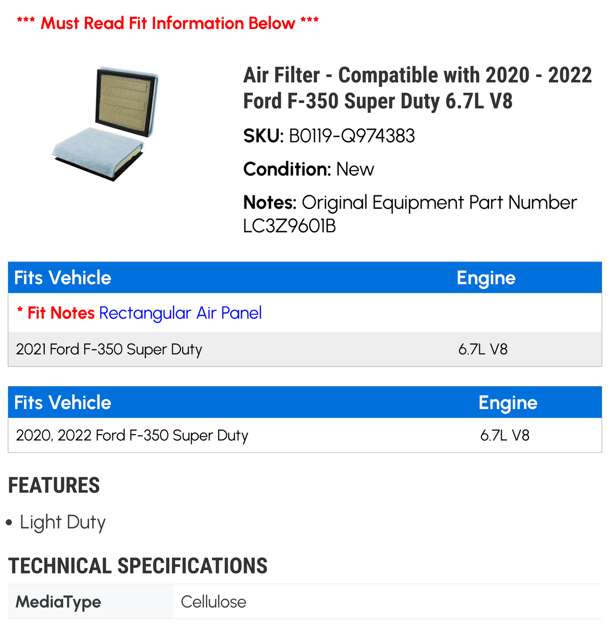 V8 - F-350 Air Filter Compatible 2022 Super 6.7L 2021 - with 2020 Duty