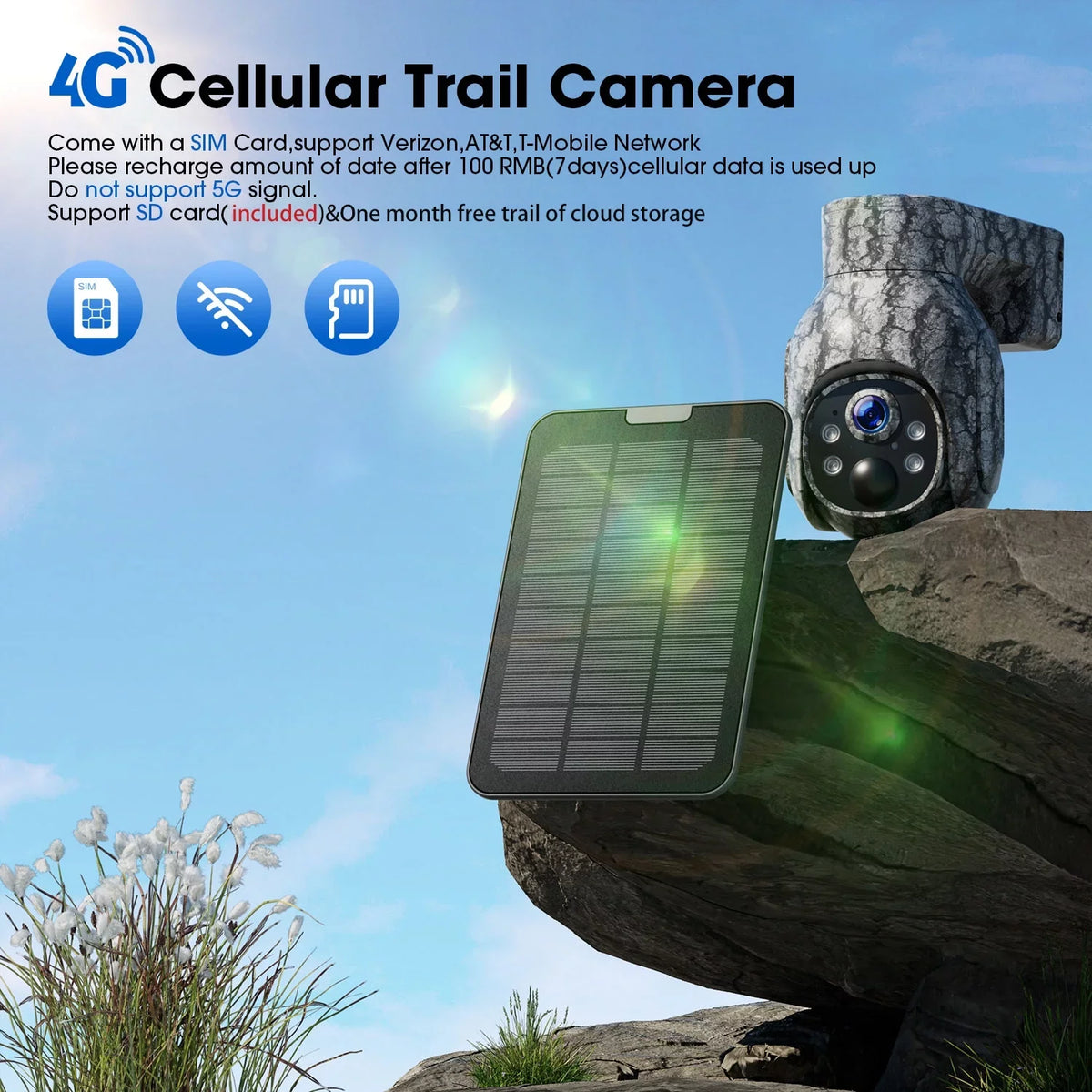Trail View, Motion, Wireless Live Game with 90°Tilt, LTE, 360°Pan Camera Night Vision, Card Cellular 4G PIR Waterproof, Cloud Solar WiFi Storage, No 2K Camera with &SD Cam Security Hunting CAMPARK SIM