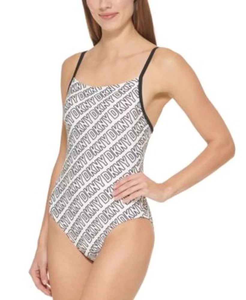 X-Large WHITE/BLACK Logo-Print US DKNY Swimsuit, One-Piece