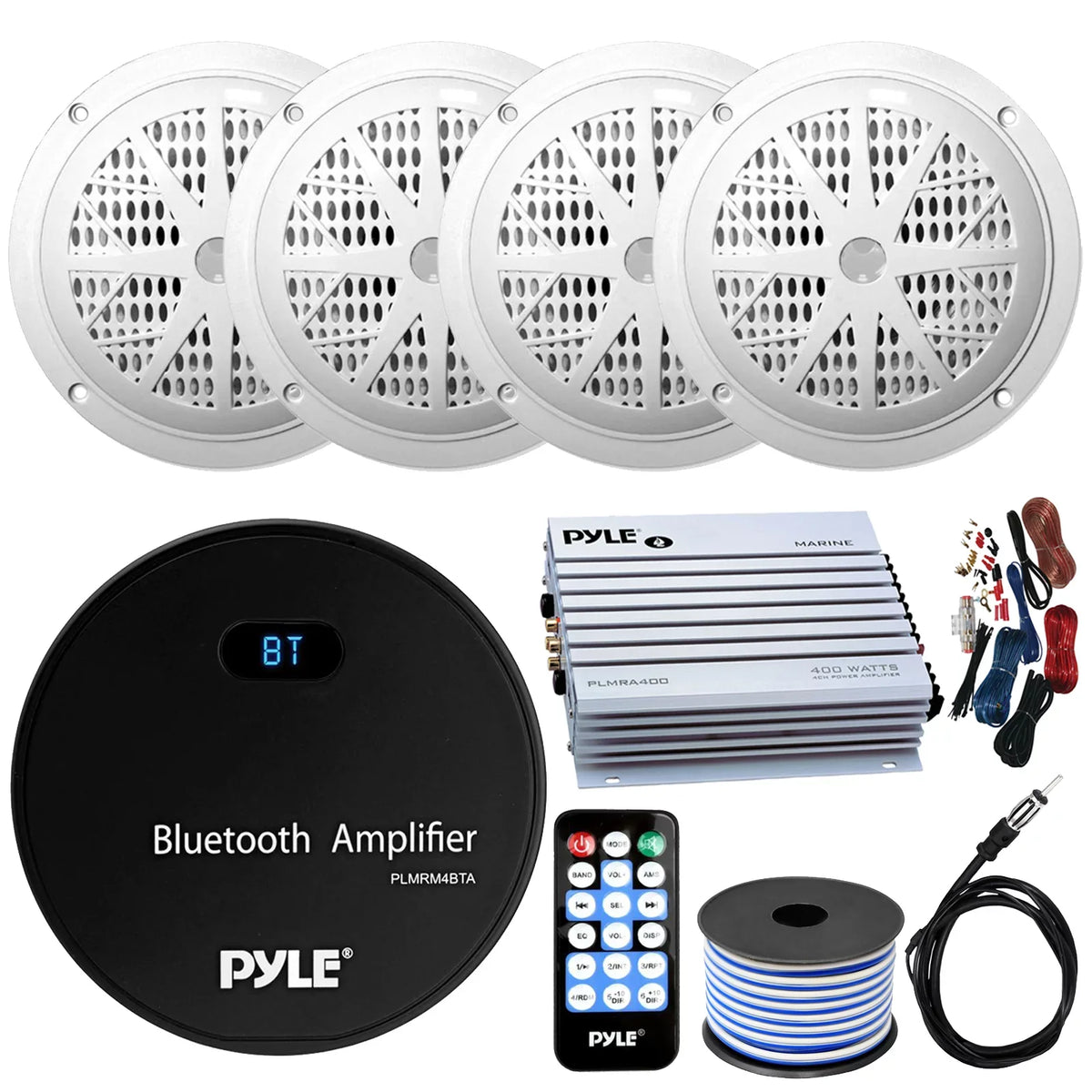 Gauge 21-29' Wire, Boat x Kit, Marine Bundle: Radio Bluetooth 4 Pyle Speakers, Amp Marine 6.5'' Bundle Speaker USB 4-Channel Pontoon Receiver Combo design w/ AUX White Antenna Wiring with 120W Audio