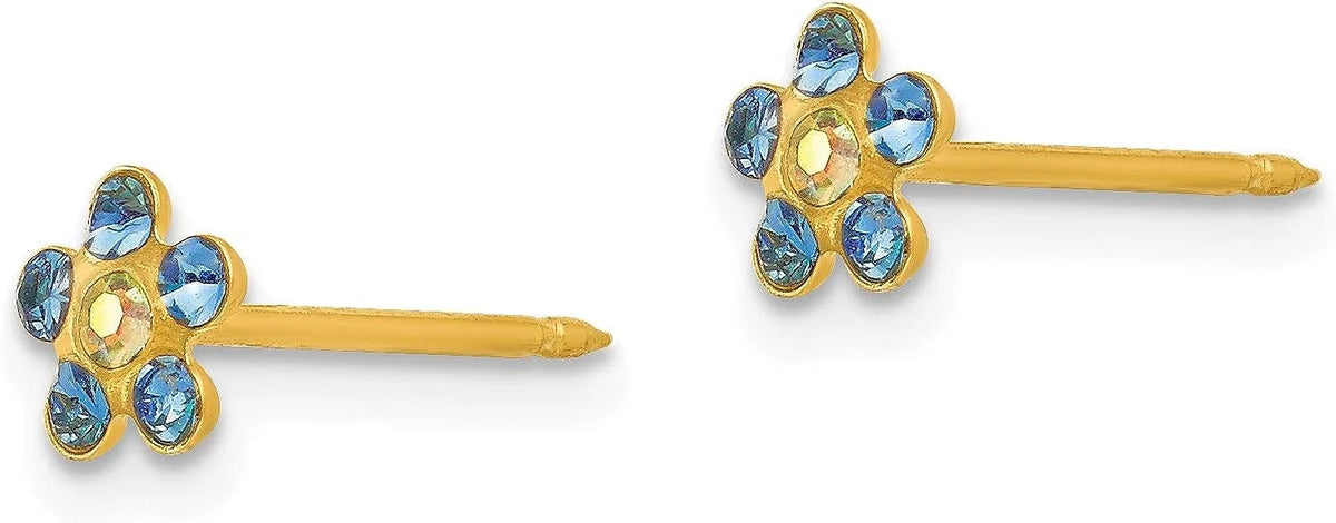 5mm Blue/Aurora Crystal Inverness Solid Gold Yellow - 14k Flower Borealis Earrings