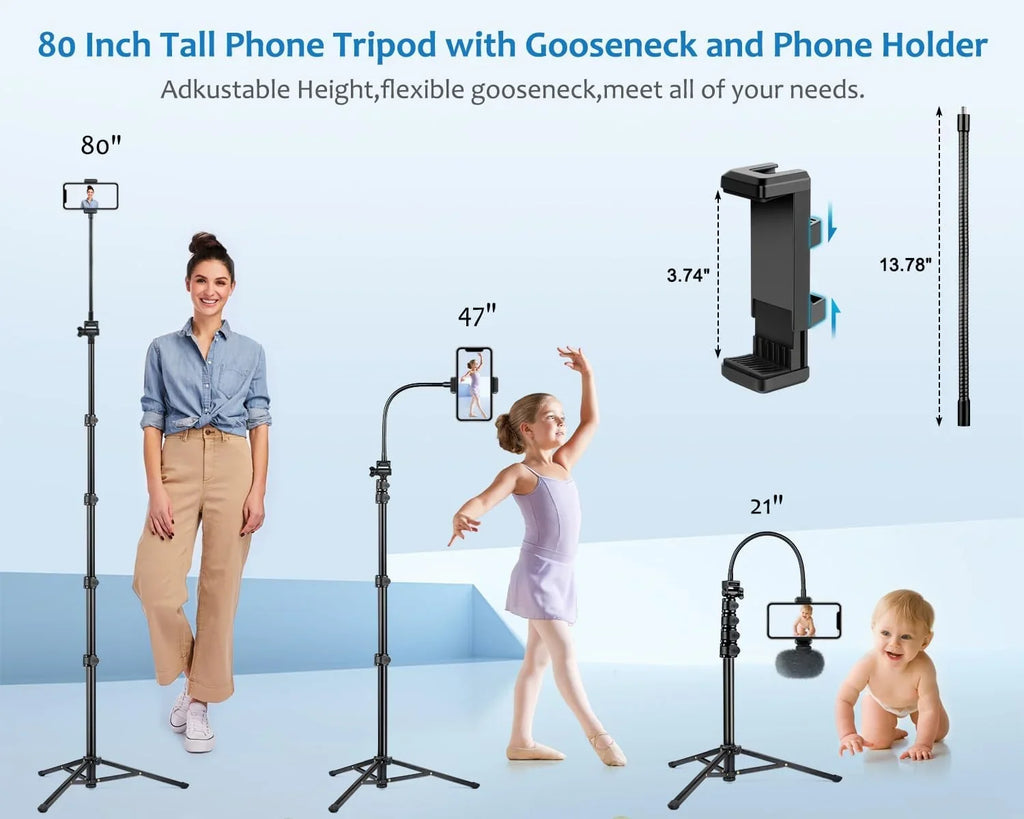 Phone Remote 13" Adjustable and Phone Cell Gooseneck, 80" with with Stand Phone Tripod Tall Tripod Tripod, Holder,