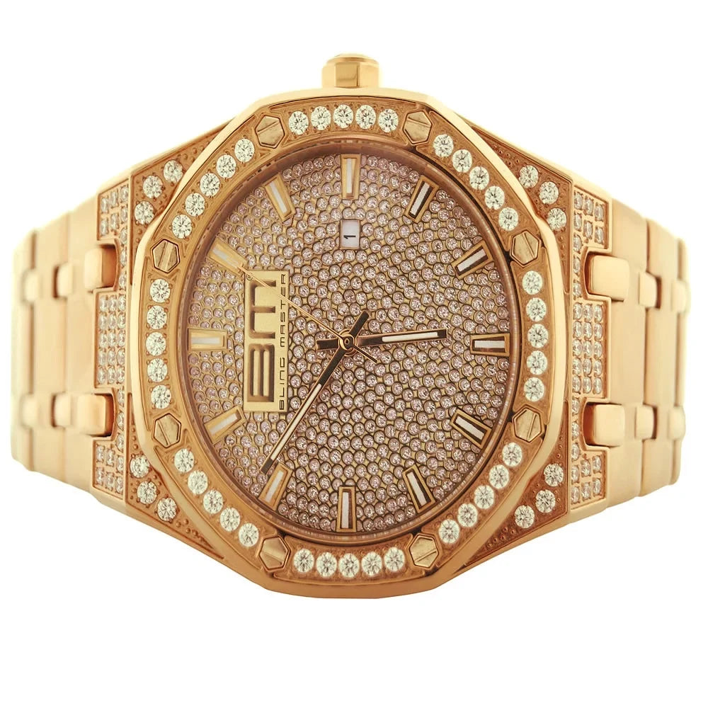 Diamond Custom Rose Watch Steel Stainless Analog Finish Dial Gold Mens 18K Master Bling Solid Simulated Classic