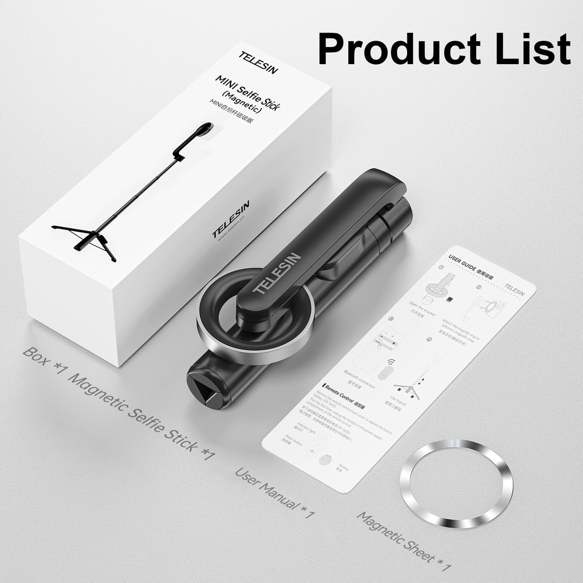 , Magnetic with TELESIN for 27.1 Remote Control Tripod, inch Selfie Rotation Stick