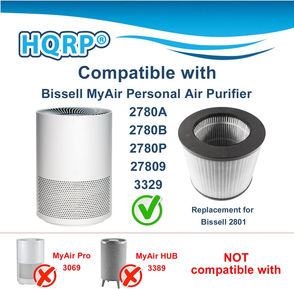 3329, 3-in-1 Replacement 27809 Activated 2780B HQRP MyAir 2780P Filter Purifier 2801 Carbon with Filter 2-Pack HEPA Personal Compatible Air Bissell 2780A