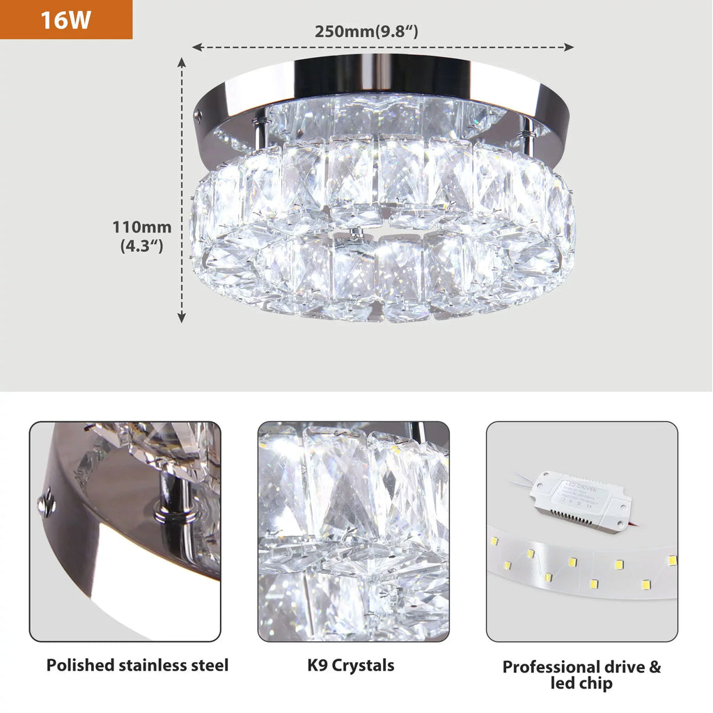 Fixtures LED Crystal 6000K Foyer Chandelier Diisunbihuo Hallway Fixture W 15 9.8" Ceiling Mini Ceiling Mount Light Light for Lamp Kitchen Flush Round