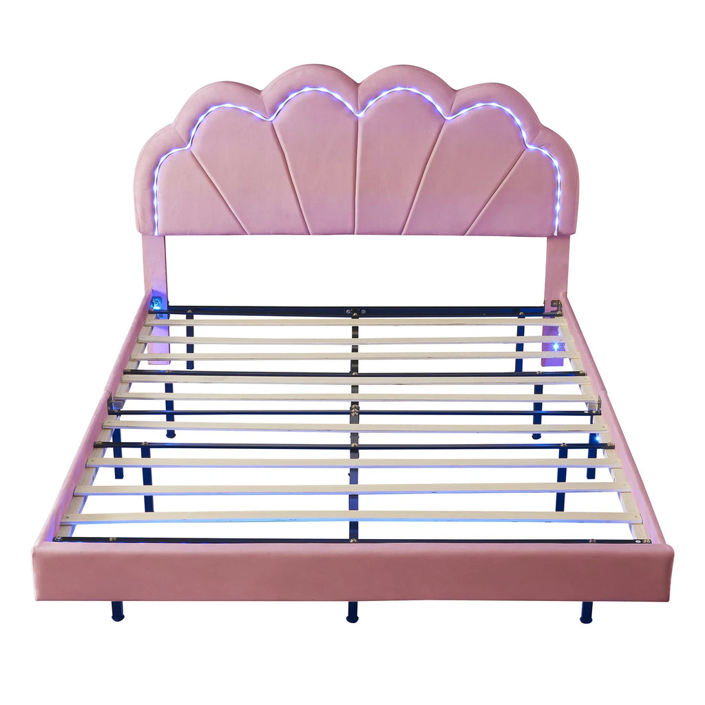Wooden with Slats Velvet LED Queen Bed with Bed Upholstered Flowers LED Platform Smart CoSoTower Elegant Frame Headboard,Floating Support,Pink