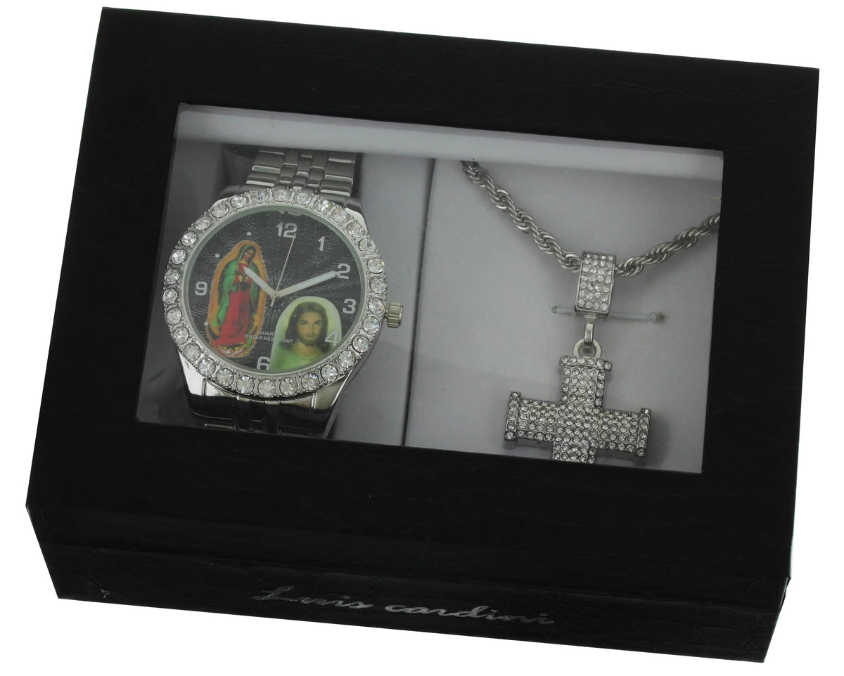 and Our Cross Bracelet with Watch Lady Guadalupe Set Neckless Jesus Silver-Tone Men's of Pendent Metal and