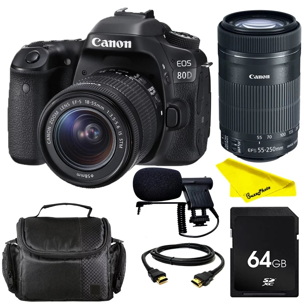 Camera STM with 80D Card + Buzz-Photo Canon IS STM & Creator + 18-55mm IS Video DSLR EOS SD 55-250 Lenses Bundle