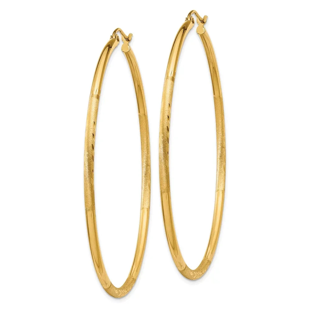 14kt Earrings; Tube Diamond-cut 2mm Women and Real Men Teens; Adults Round and for Satin Yellow and for Gold Hoop