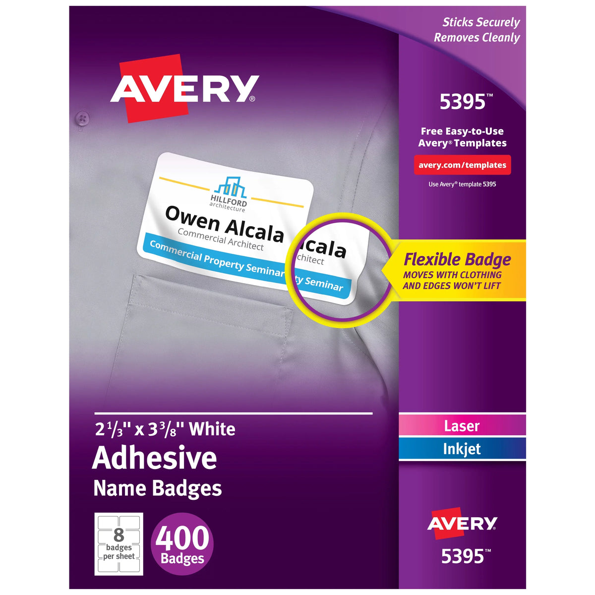 x 3-3/8", Avery White, Badges Tags, Printable Removable Name 2-1/3" (05395) Name Matte Flexible 400