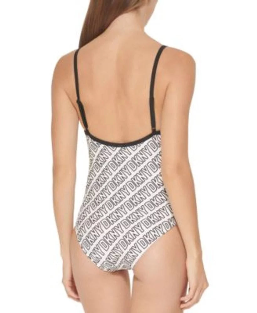 X-Large WHITE/BLACK Logo-Print US DKNY Swimsuit, One-Piece