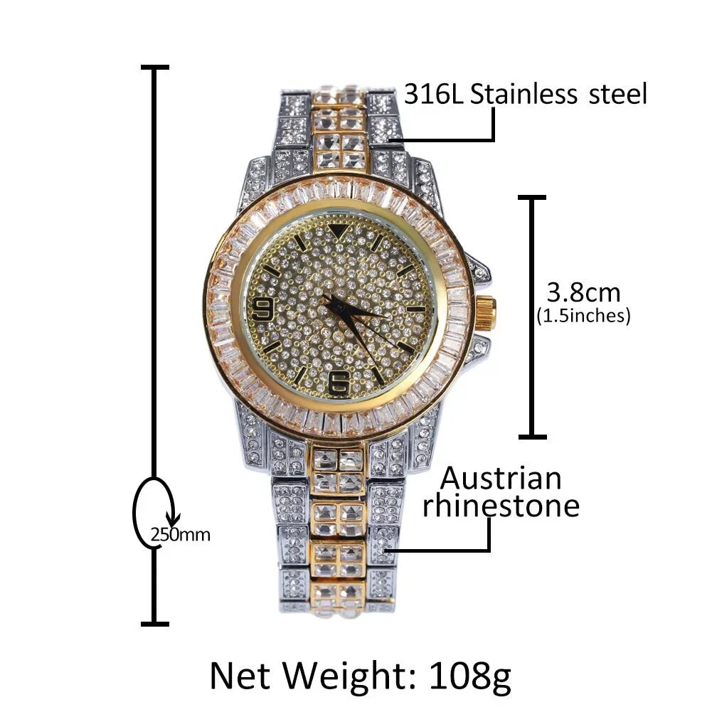 Bling Quartz Finish Adjustable Hop Band Stainless dimension Hip Luxury Diamond Rapper Fully Iced Men Watch Out Steel Custom White Simulated Gold