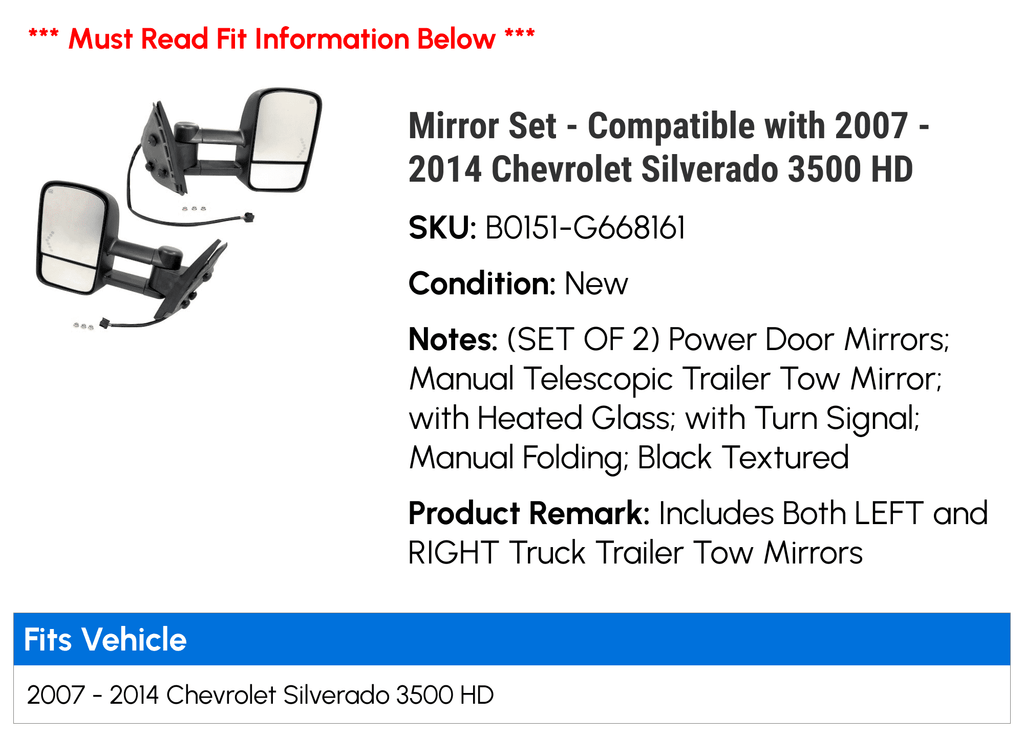 2012 2014 - 2008 3500 Set - 2010 with Mirror 2011 2013 Silverado HD Compatible 2007 Chevy 2009