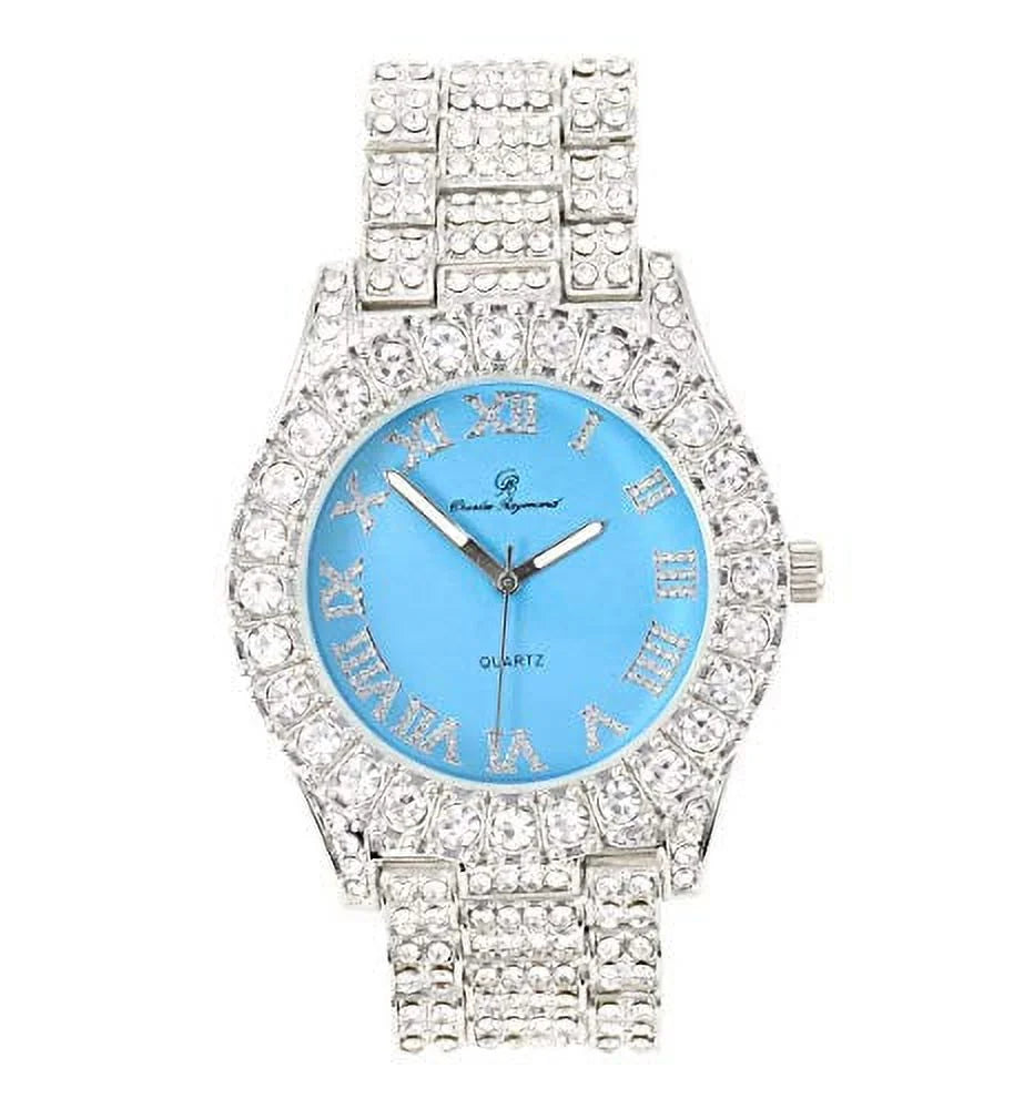 Roman Out Baby Blue) - with Silver Iced w/Bling'ed Silver Cuban ST10327 Fully Mens Numerals Out RN Shiny Watch Colorful (Silver Bracelet Dial Rocks Big Cuban
