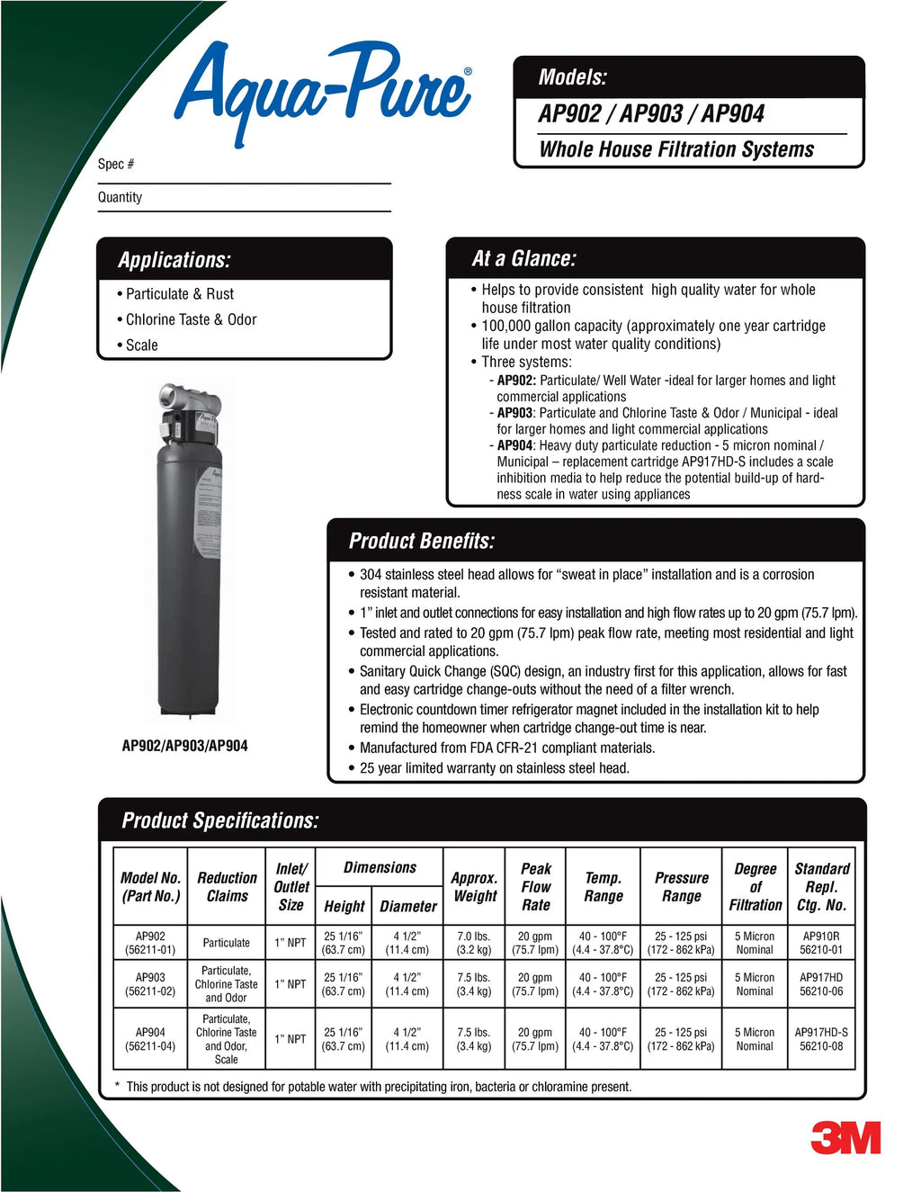 Sanitary Cartridge, Quick-Change, Aqua-Pure AP917HD-S AP904 Systems Filter liquid Whole 3M for House
