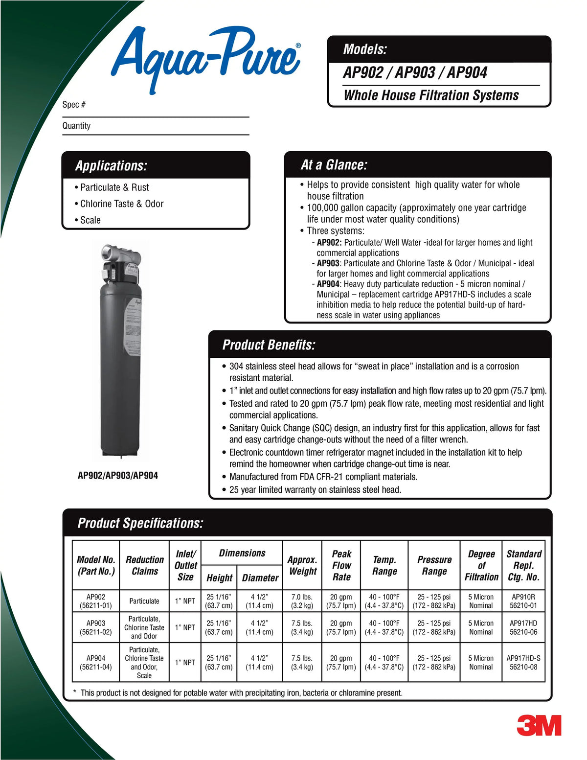 Sanitary Cartridge, Quick-Change, Aqua-Pure AP917HD-S AP904 Systems Filter liquid Whole 3M for House