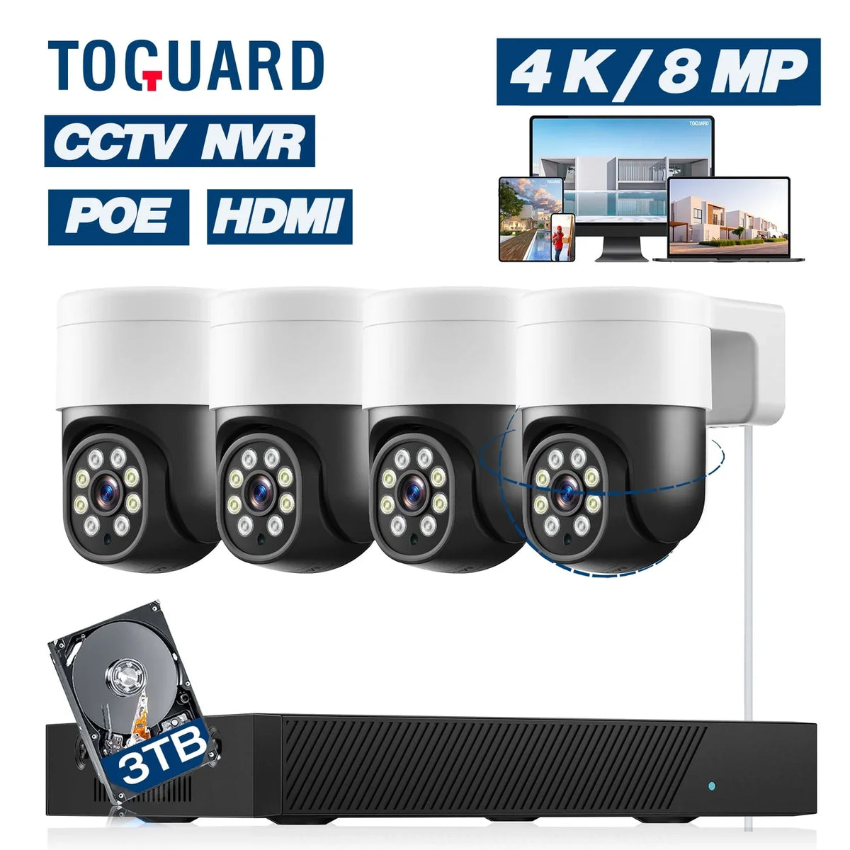 SC46 4Pcs with Security 4K/4MP+4MP CCTV Dome NVR Surveillance System exterior Camera POE Cameras 3TB 8CH Drive TOGUARD 4K/4MP+4MP HDMI Hard Connector PTZ