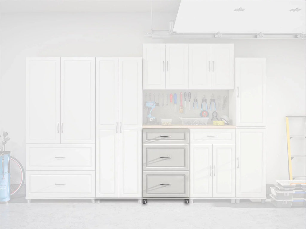 24" Systembuild Cabinet, Evolution Garage 3 Drawer Base White Storage Kendall